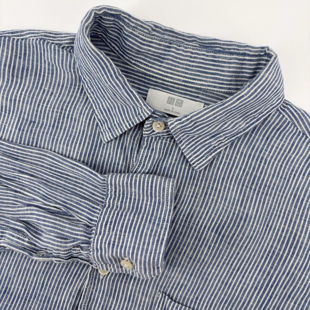 Uniqlo Men's Blue White 100% Linen Striped Long Sleeve Shirt